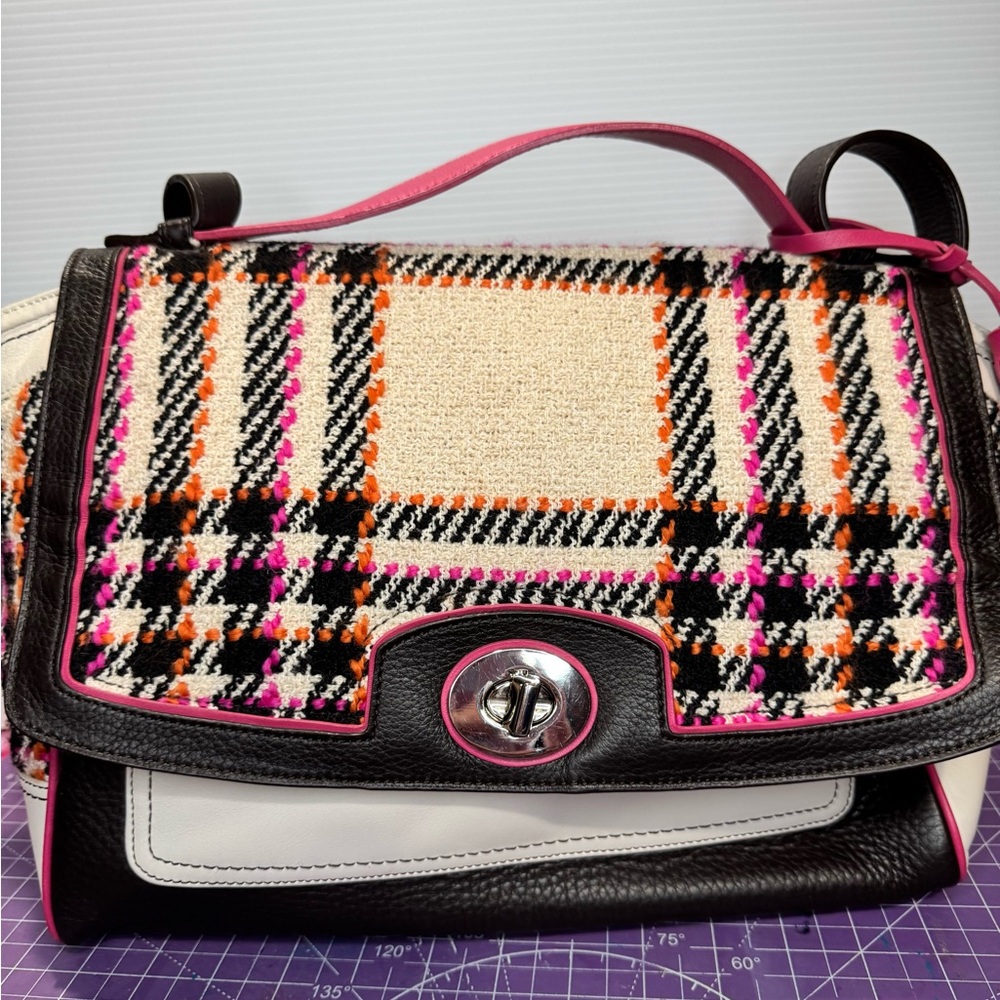 Coach Bouclé Plaid Turnlock Shoulder Bag – Style #21142 – Pink Trim